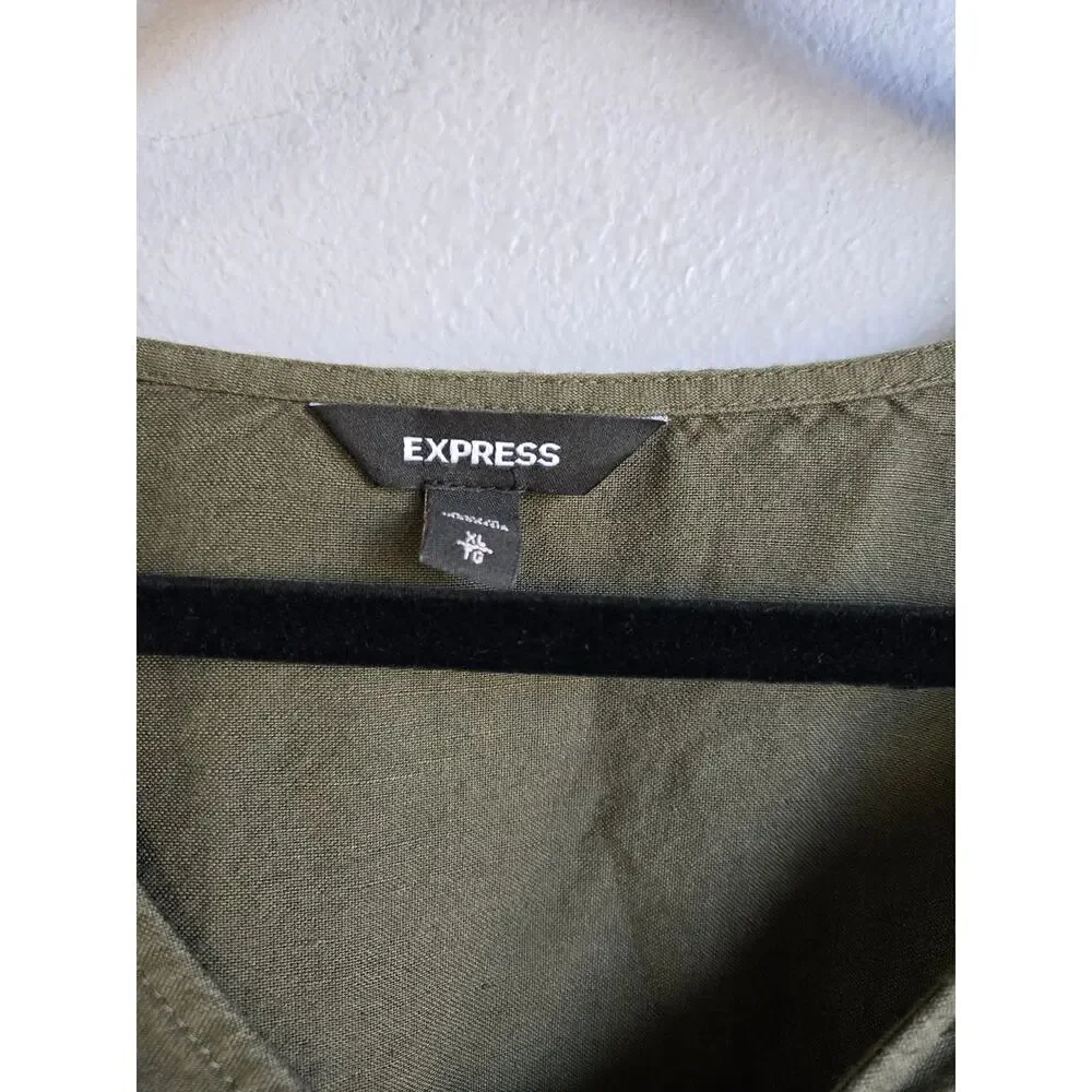 Express Olive Green Linen Blend Puff Sleeve V-Neck Blouse Size XL